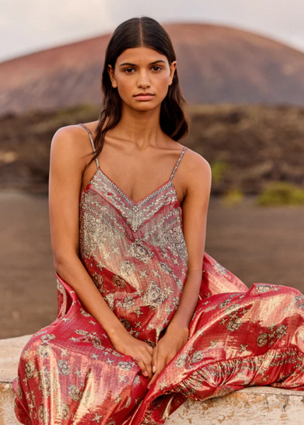 Vestido Largo de Seda Lurex - Estampado Pañuelo - Escote en V