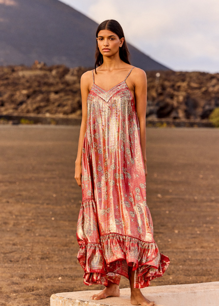Vestido Largo de Seda Lurex - Estampado Pañuelo - Escote en V