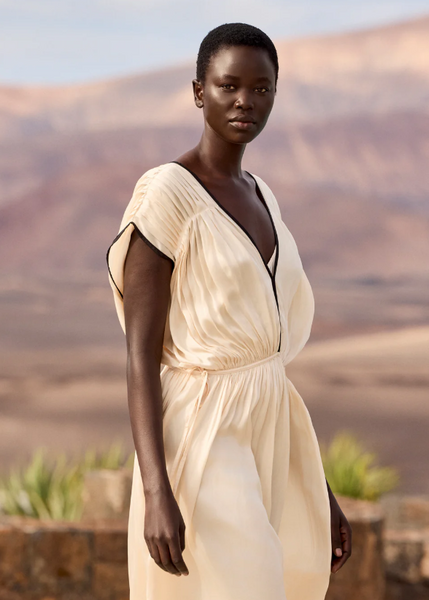 Vestido Largo Fluido de Viscosa - Inspiración Grecorromana - Contraste Bicolor