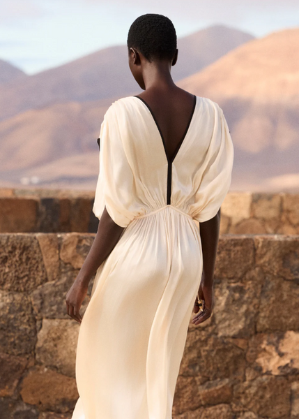 Vestido Largo Fluido de Viscosa - Inspiración Grecorromana - Contraste Bicolor