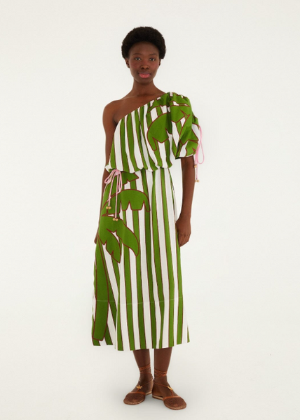 Vestido Midi Asimétrico One Shoulder - Estampado Verde y Blanco