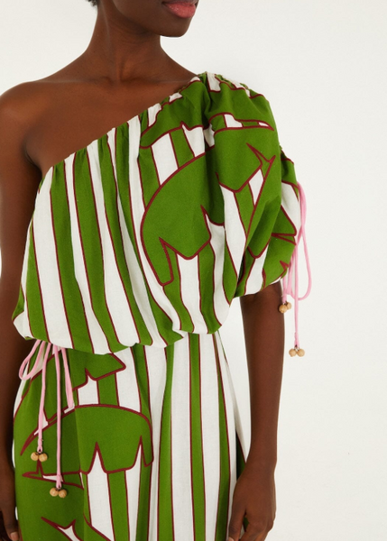 Vestido Midi Asimétrico One Shoulder - Estampado Verde y Blanco