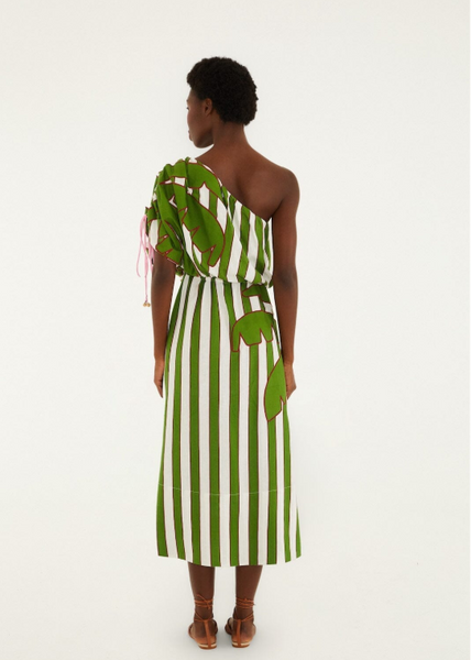 Vestido Midi Asimétrico One Shoulder - Estampado Verde y Blanco