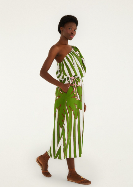 Vestido Midi Asimétrico One Shoulder - Estampado Verde y Blanco